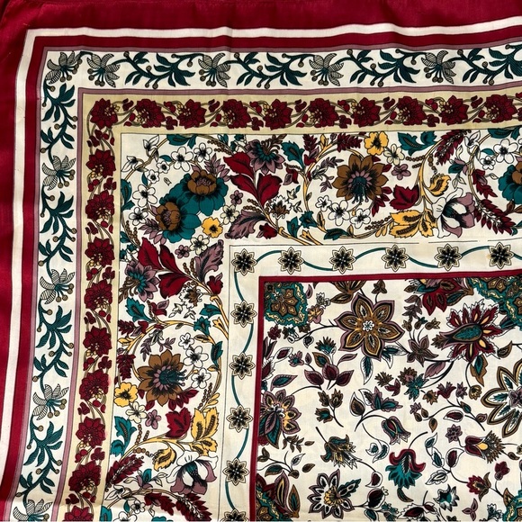 Chango Accessories - Large 42” Floral Silk Scarf Colorful Shawl Multi Border Red Green Gold Burgundy